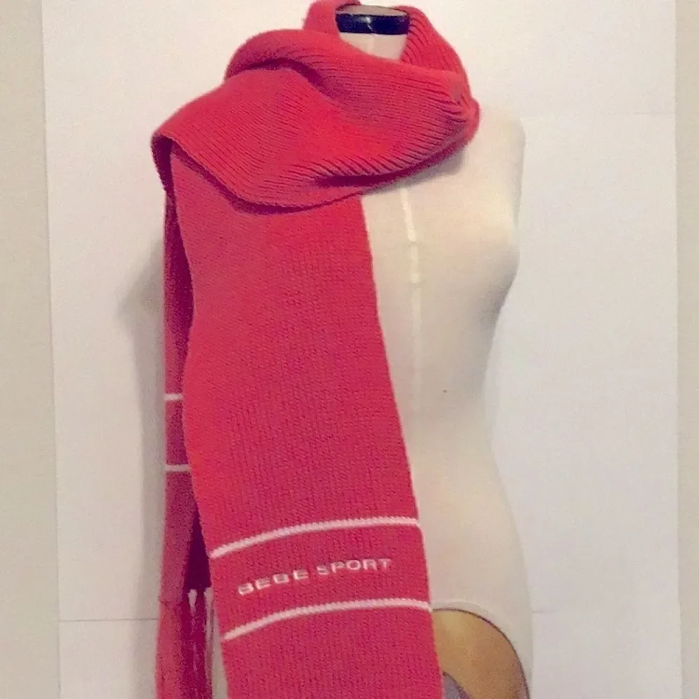 BEBE Sport Scarf Vintage Sport Ski Magenta Knit Fringed Scarf  Shawl White Logo